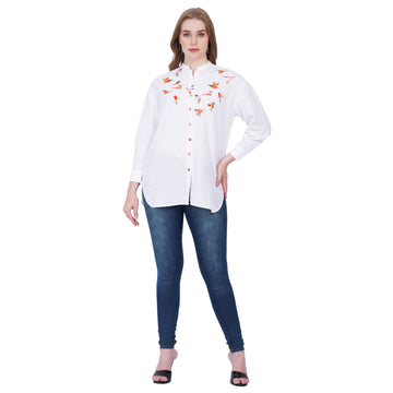 WHITE SHIRT WITH BIRD EMBROIDERY & BAND COLLAR