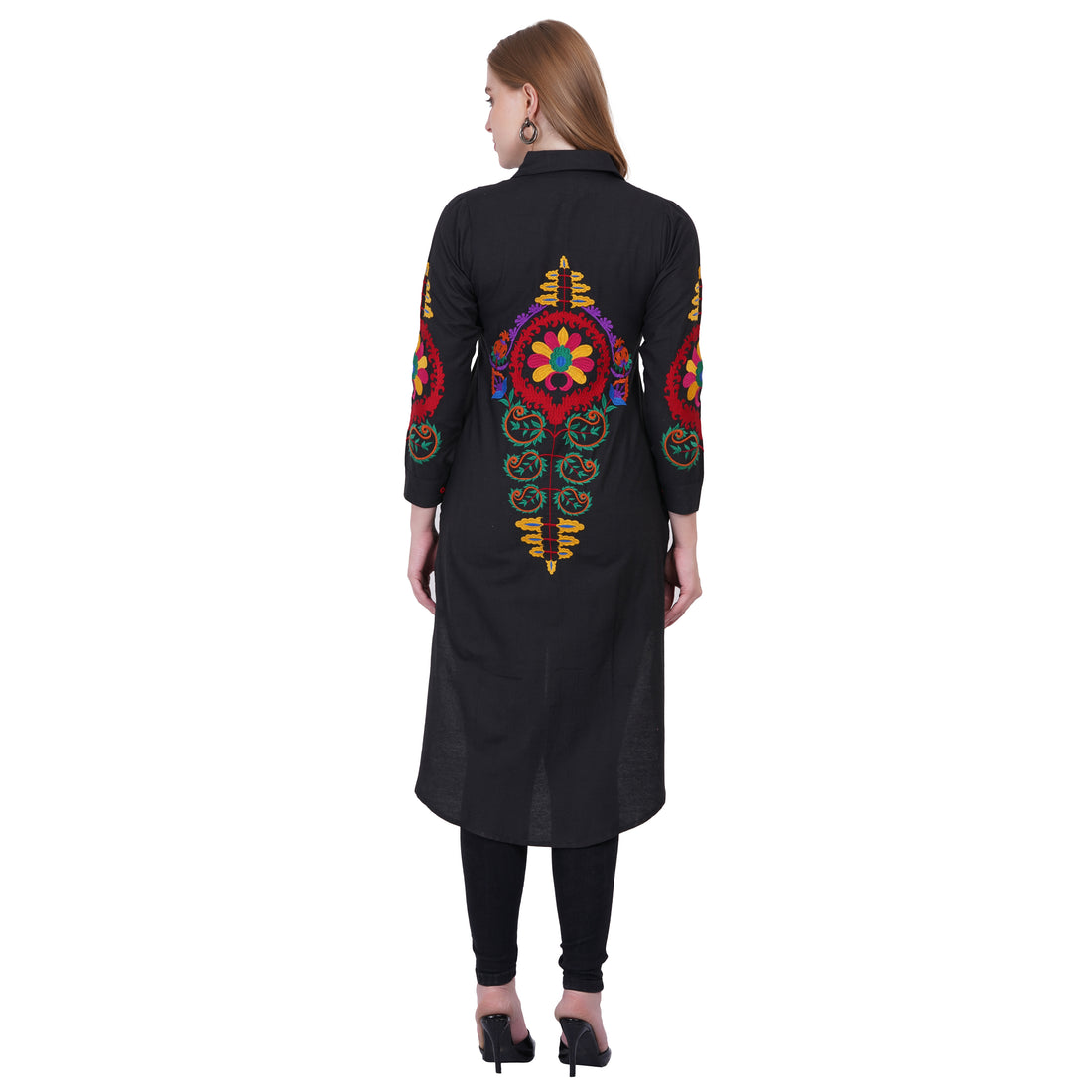 Kashmiri Embroidered Long Shirt Tunics for Women – Black High-Low Button-Down Kurti