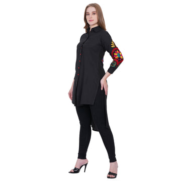 Kashmiri Embroidered Long Shirt Tunics for Women – Black High-Low Button-Down Kurti