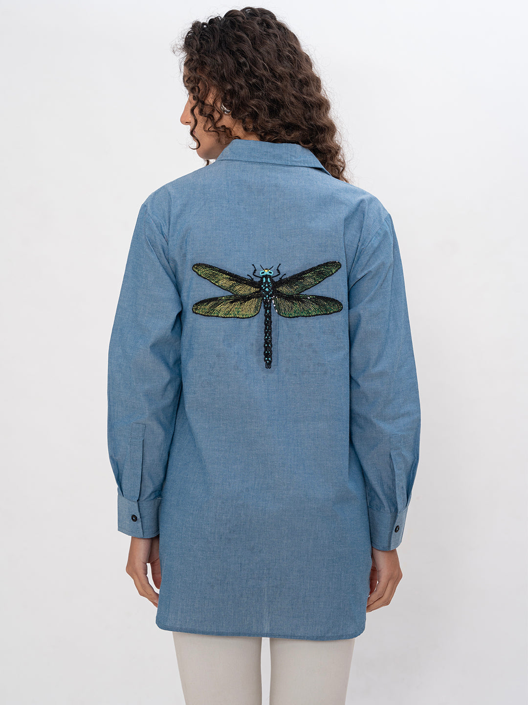 Dragonfly Embroidered Chambray Shirt Tunics for Women – Blue Longline Button-Down