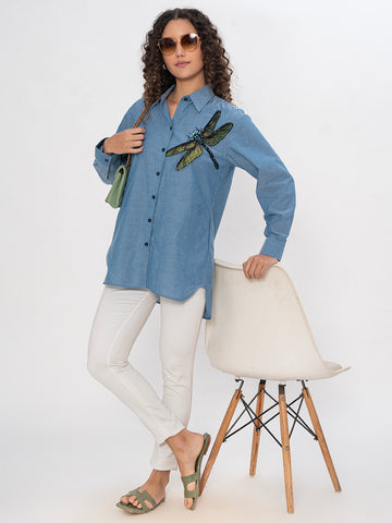 Dragonfly Embroidered Chambray Shirt Tunics for Women – Blue Longline Button-Down