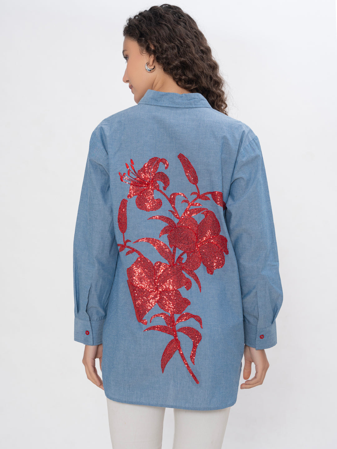 Red Sequin Floral Embroidered Chambray Shirt for Women – Blue Longline Button-Down Tunic