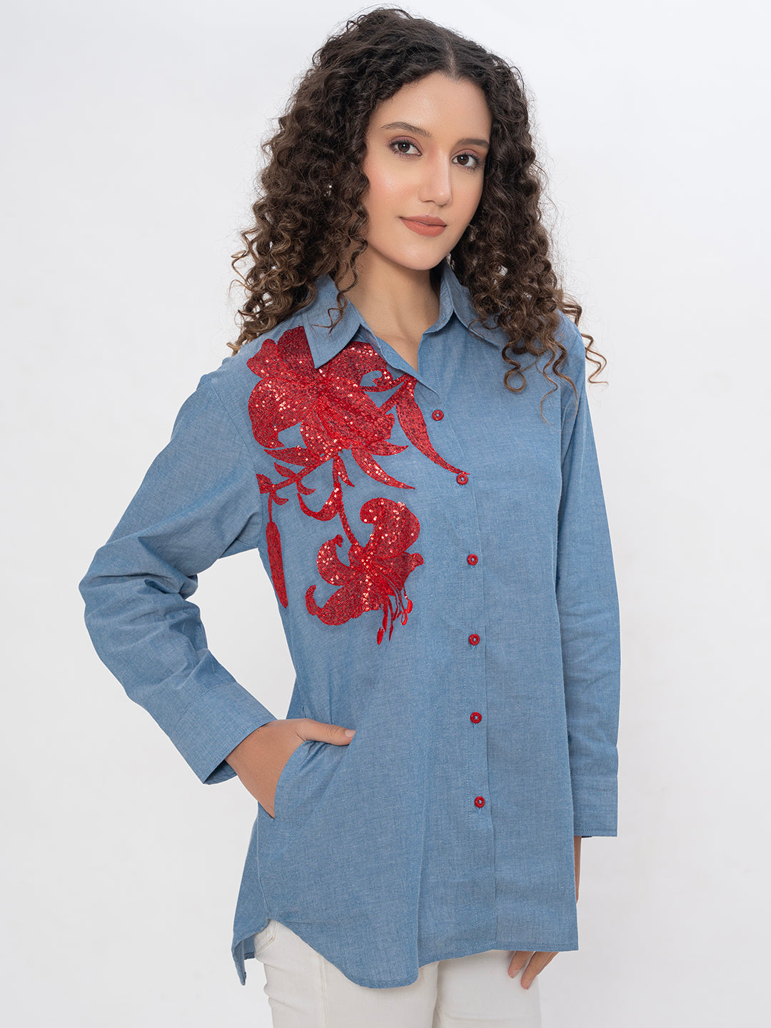 DENIM FRONT AND BACK EMBROIDERED SEQUENCE SHIRT
