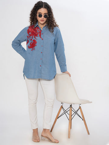 Red Sequin Floral Embroidered Chambray Shirt for Women – Blue Longline Button-Down Tunic