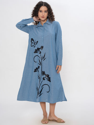 DENIM FRONT EMBROIDERED SEQUENCE SHIRT DRESS WITH SIDE SLITS