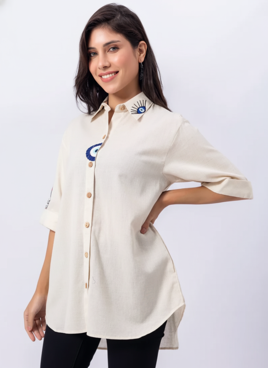 BEIGE COLOR FRONT, COLLAR & SLEEVE EMBROIDERED COTTON QUARTER SLEEVE SHIRT
