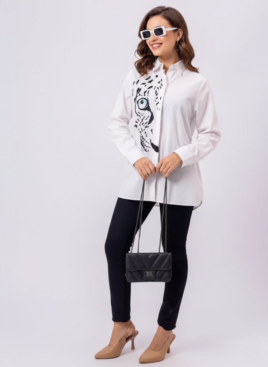 WHITE FRONT EMBROIDERED COTTON SHIRT