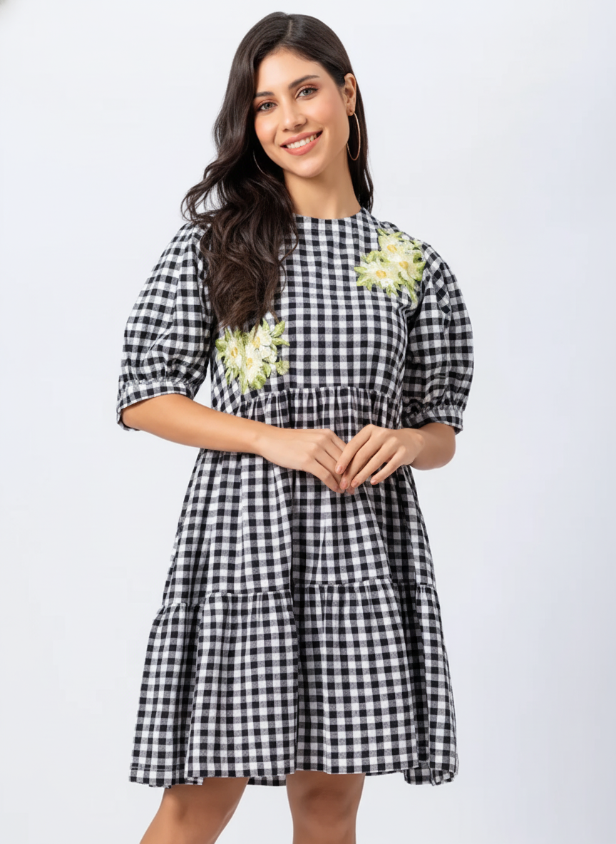 FRONT EMBROIDERED CHECK COTTON SHIRT DRESS
