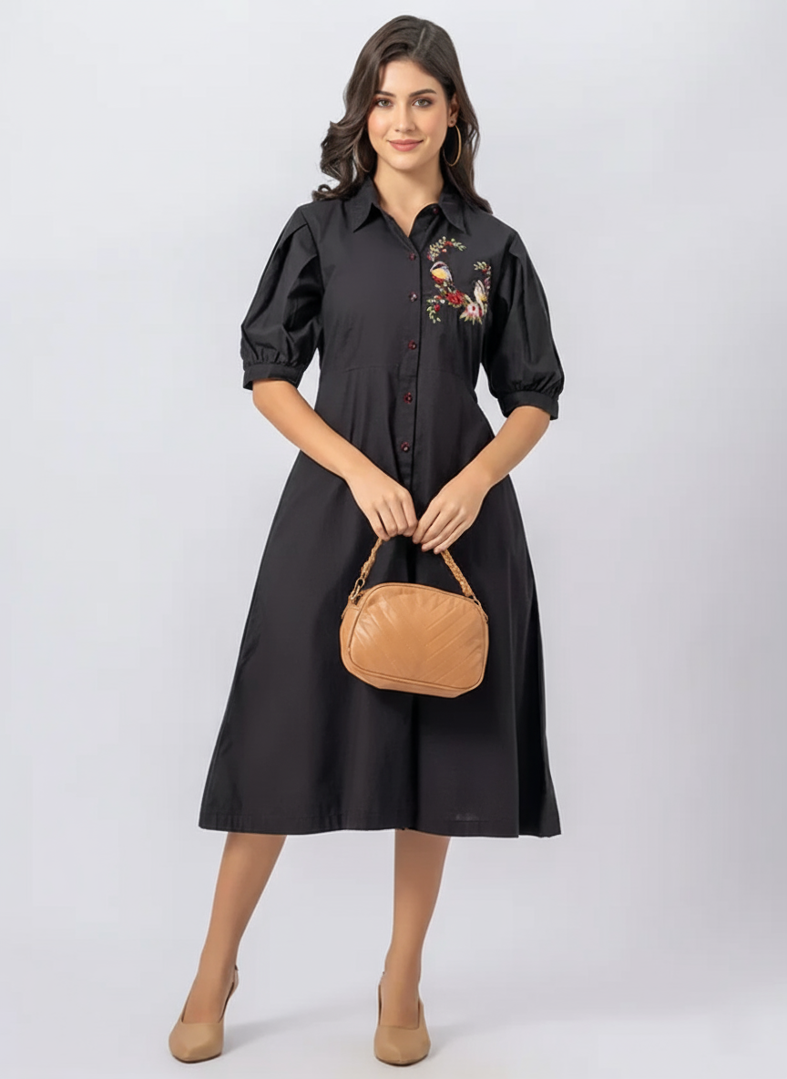 SOLID COLOR FRON EMBROIDERED SHIRT DRESS WITH PUFF SLEEVES