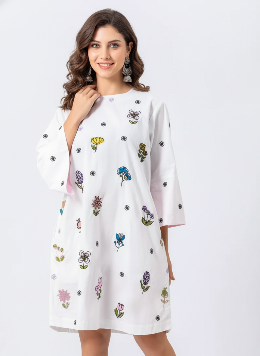 ALL OVER EMBROIDERED FLORAL COTTON SHIRT WITH BELL SLEEVES