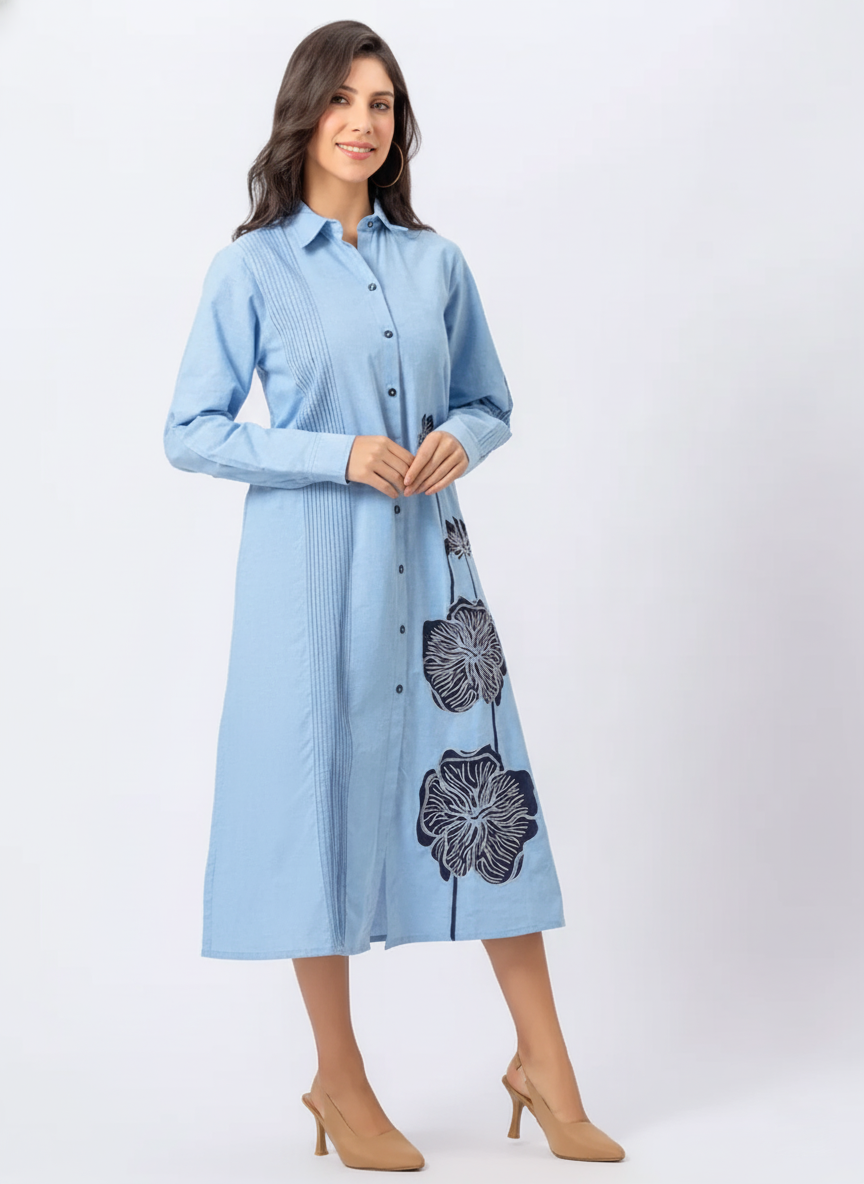 SOLID COLOR FRONT EMBROIDERED COTTON SHIRT DRESS WITH PINTEX DETAILING