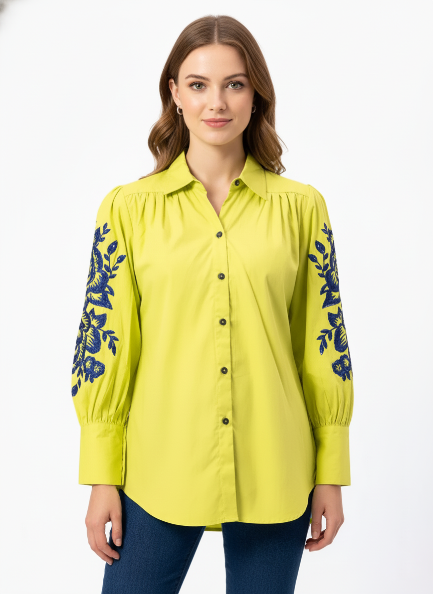 VIBRANT YELLOW SOLID COLOR SLEEVES SEQUENCE EMBROIDERED COTTON SHIRT