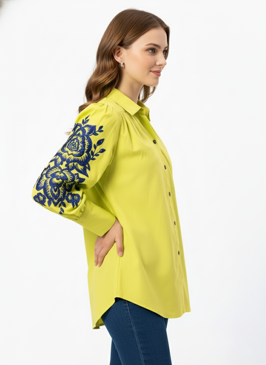 VIBRANT YELLOW SOLID COLOR SLEEVES SEQUENCE EMBROIDERED COTTON SHIRT