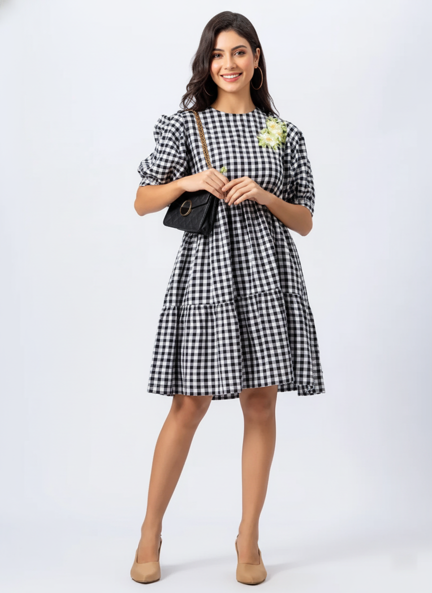 FRONT EMBROIDERED CHECK COTTON SHIRT DRESS