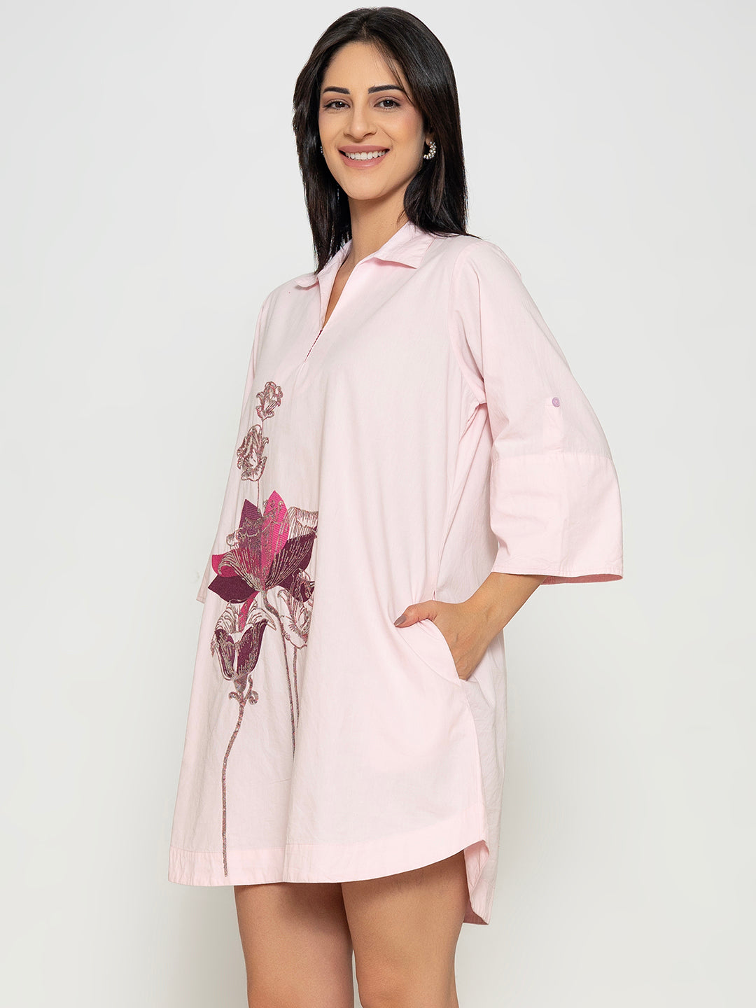 ROSY PINK COLOR FRONT SEQUENCE EMBROIDERED COTTON  DRESS