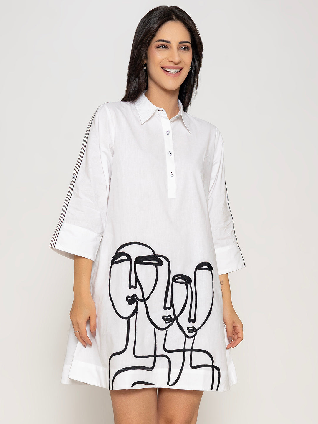 FRONT AND BACK EMBROIDERED SHIRT DRESS WITH LACE DETAILING AT SLEEVES