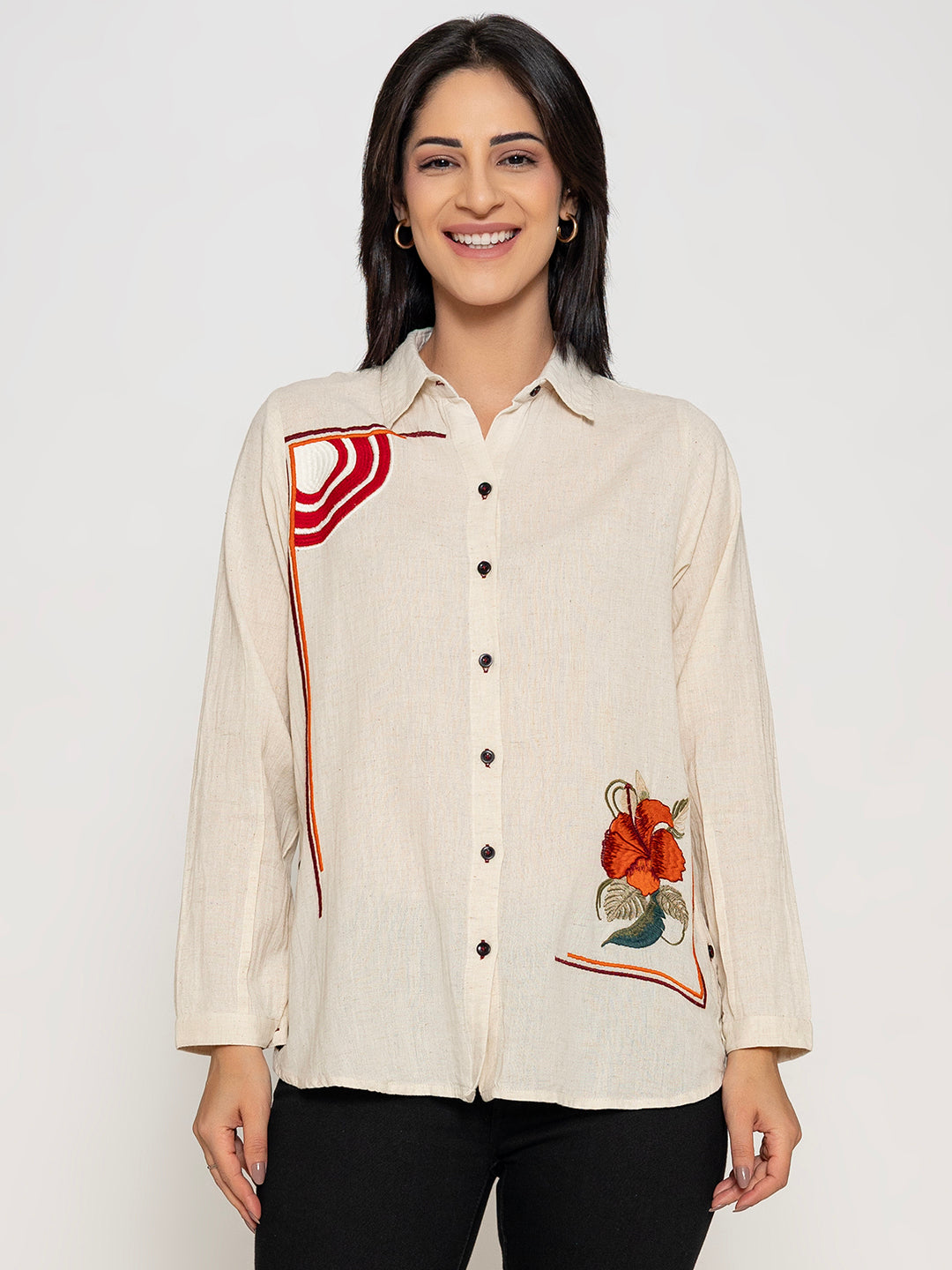 FRONT AND BACK EMBROIDERED COTTON SHIRT DRESS WITH SIDE BUTTON DETAILING