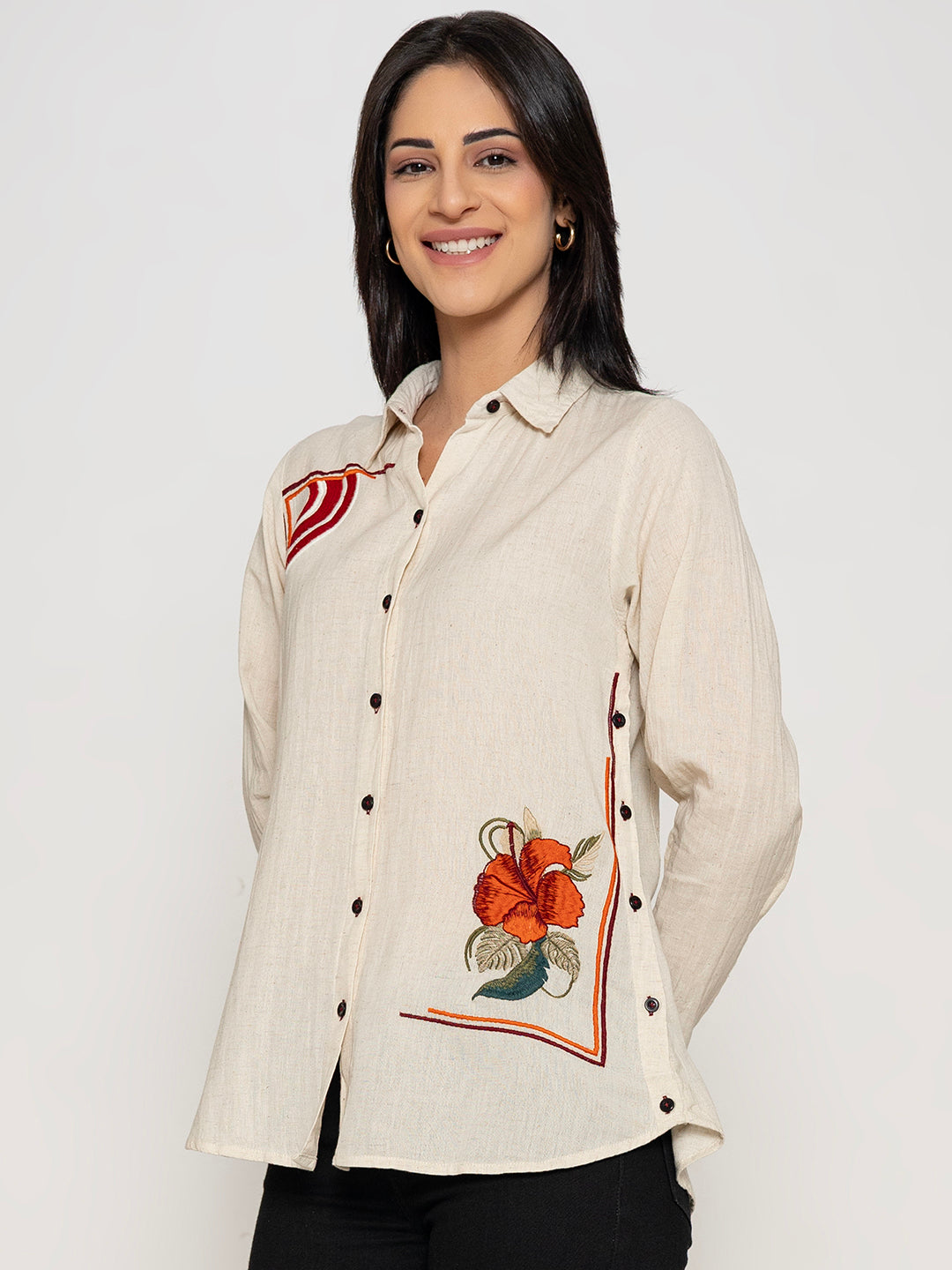 FRONT AND BACK EMBROIDERED COTTON SHIRT DRESS WITH SIDE BUTTON DETAILING