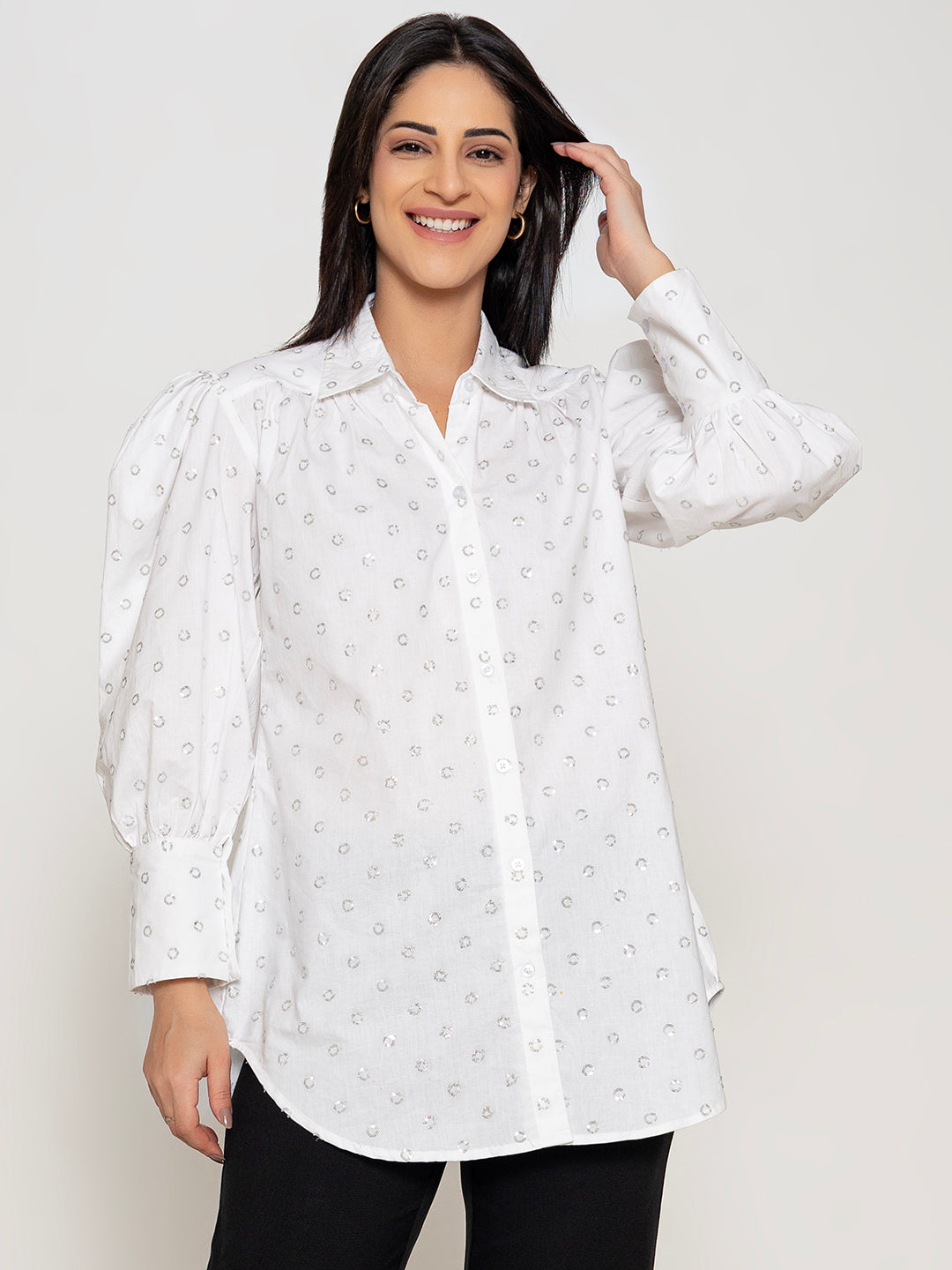 ALL OVER SEQUENEC EMBROIDERED COTTON SHIRT