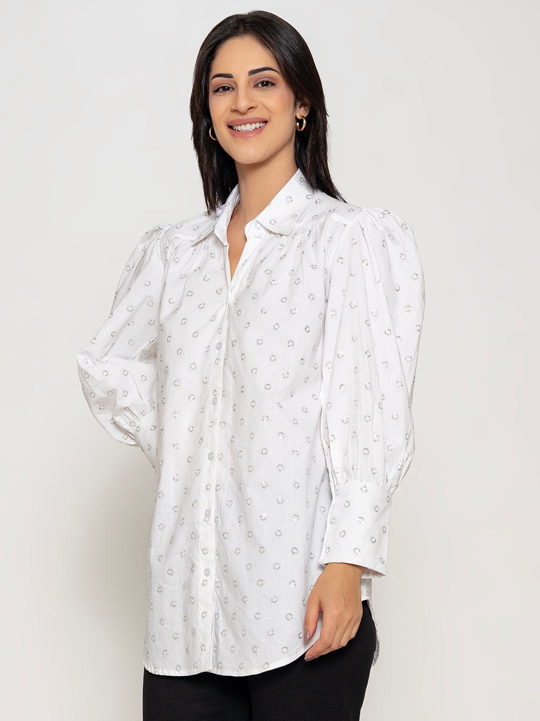 ALL OVER SEQUENEC EMBROIDERED COTTON SHIRT
