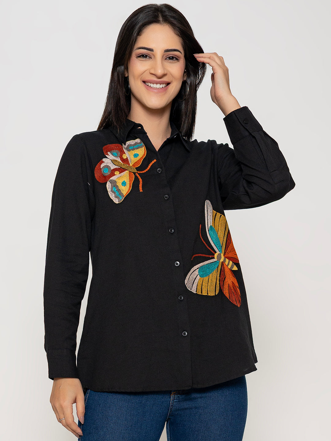 SOLID COLOR FRONT EMBROIDERED BUTTERFLY COTTON SHIRT