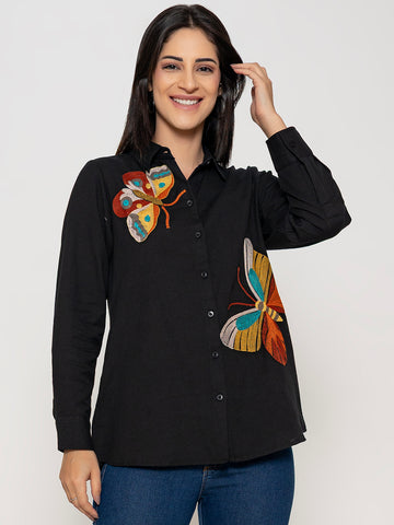 SOLID COLOR FRONT EMBROIDERED BUTTERFLY COTTON SHIRT