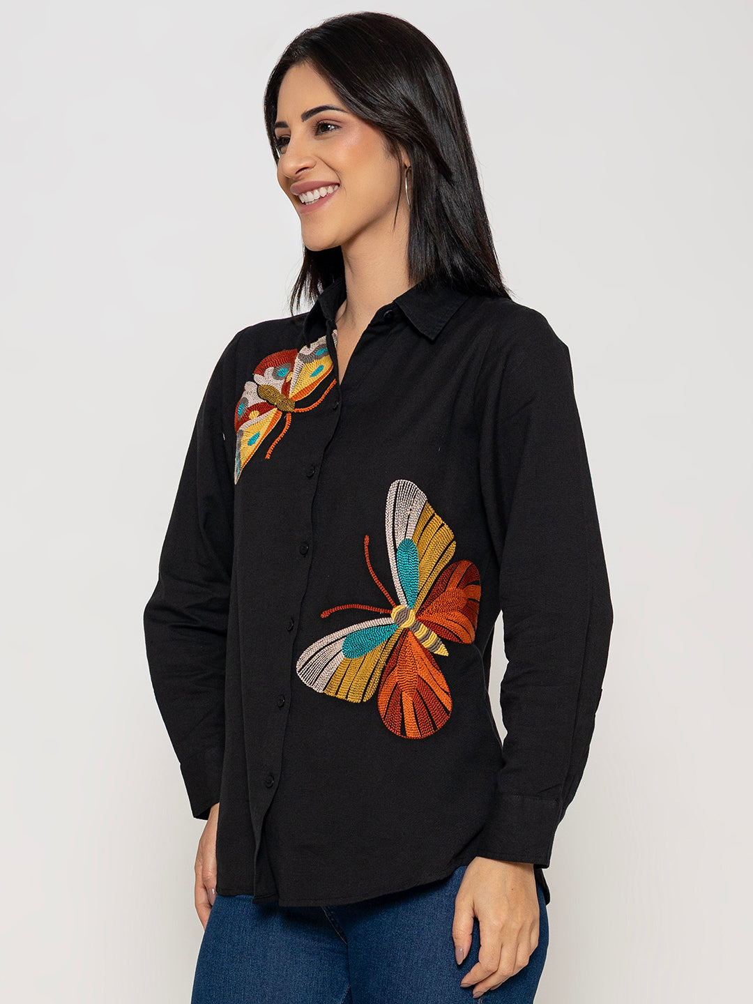 SOLID COLOR FRONT EMBROIDERED BUTTERFLY COTTON SHIRT