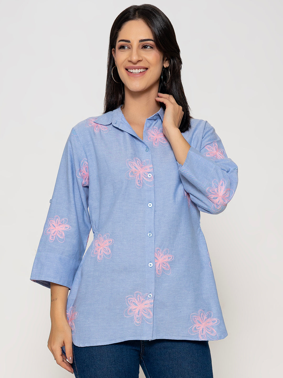 SOLID OXFORD ALL OVER FLORAL EMBROIDERED SHIRT