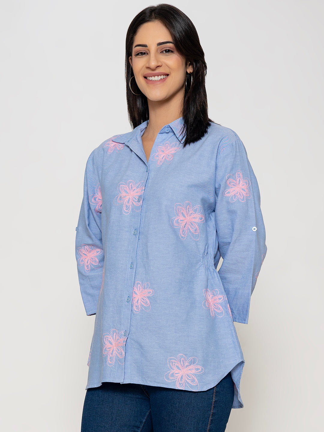 SOLID OXFORD ALL OVER FLORAL EMBROIDERED SHIRT