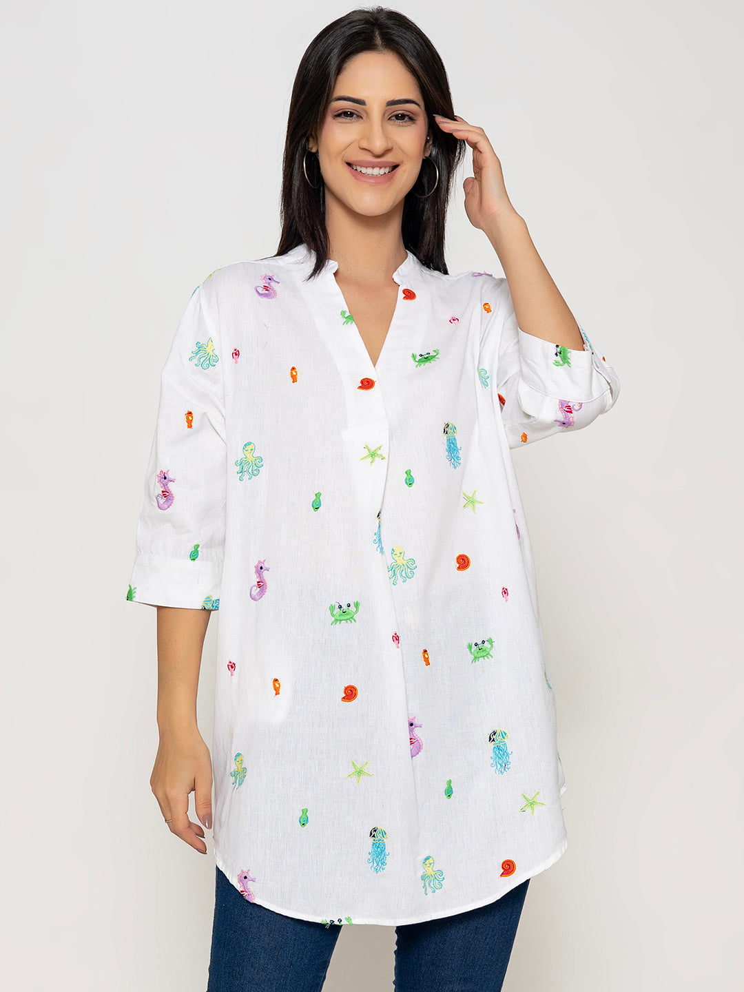 ALL OVER EMBROIDERED SEA WORLD COTTON SHIRT