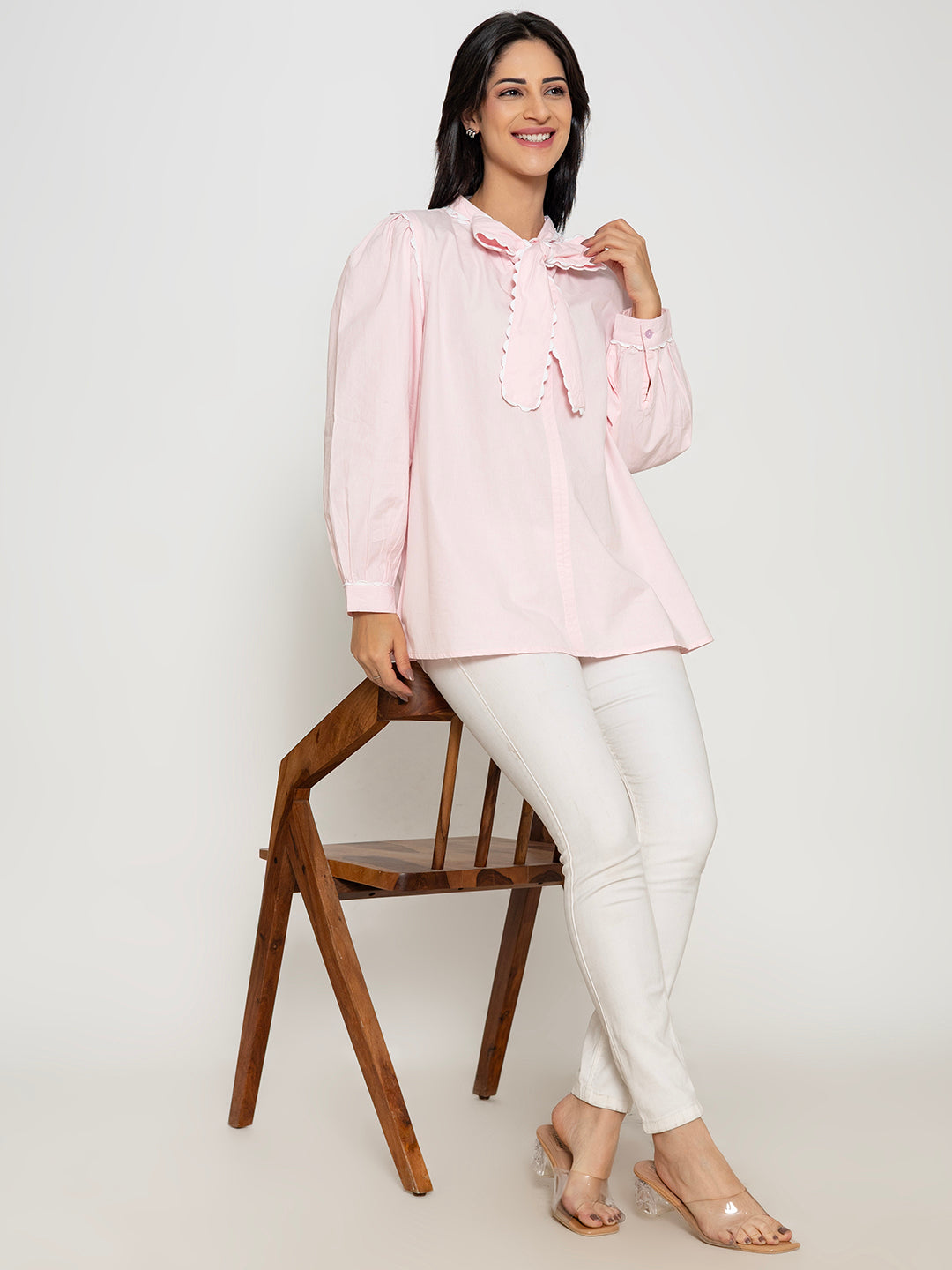 ROSY PINK FULL SLEEVE FRONT BOW SHIRT WITH LACE DETAILING