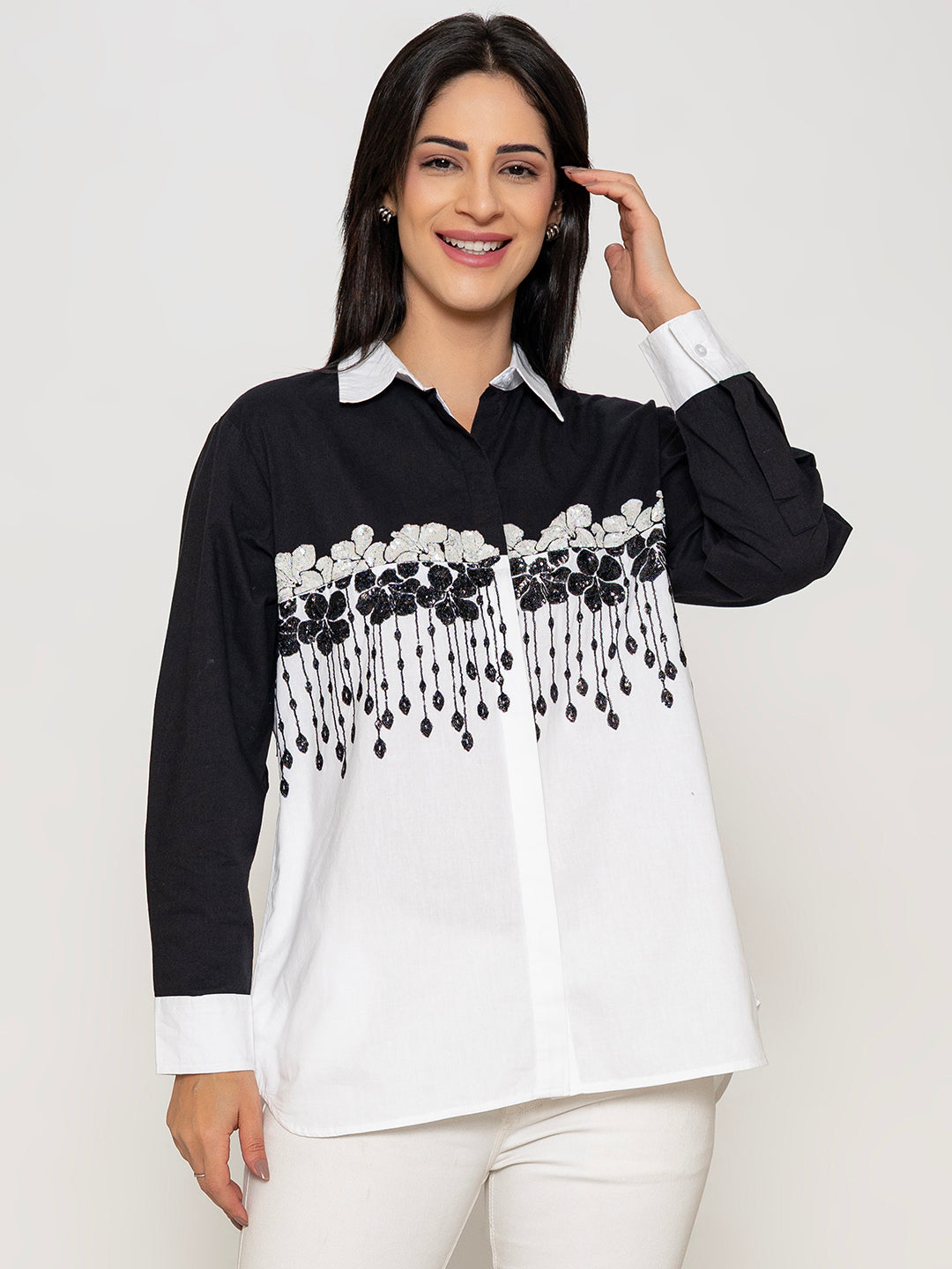 BLACK AND WHITE MIX MATCH FRONT SEQUENECE EMBROIDERED COTTON SHIRT