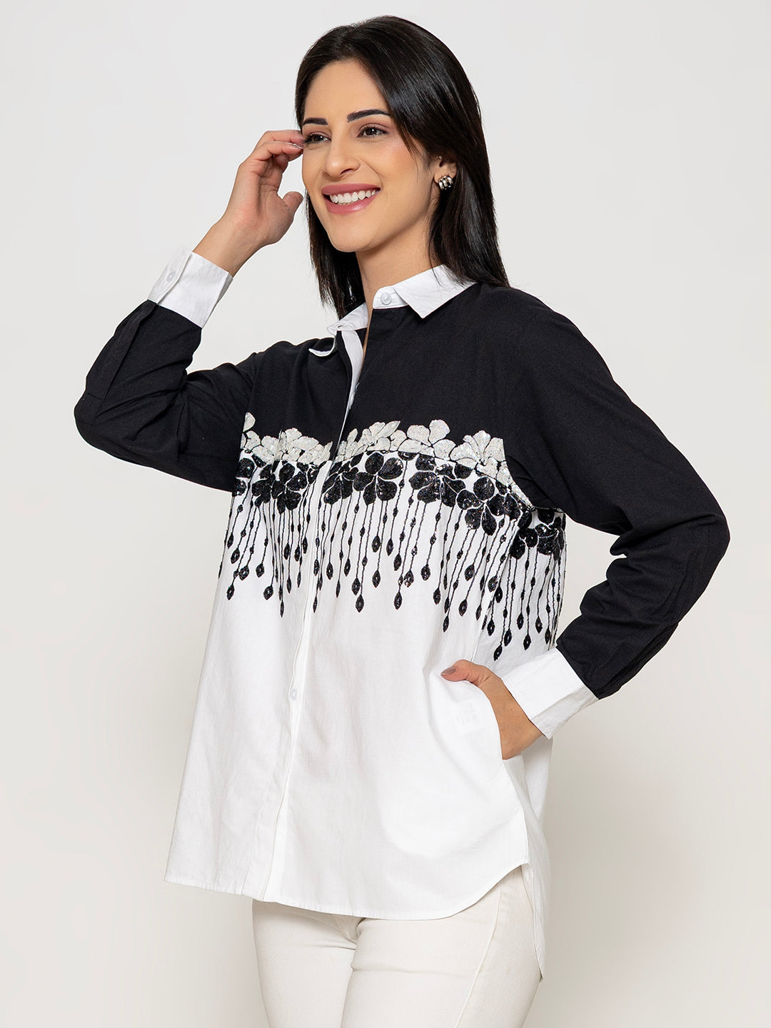 BLACK AND WHITE MIX MATCH FRONT SEQUENECE EMBROIDERED COTTON SHIRT