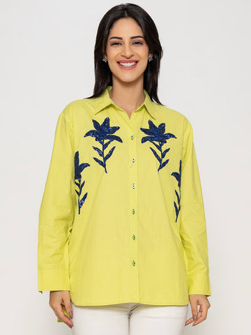 LIME GREEN COLOR FRONT SEQUENCE EMBROIDERED COTTON SHIRT