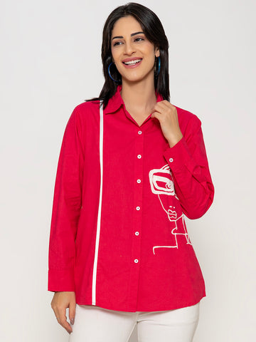SOLID COLOR EMBROIDERED COTTON SHIRT WITH LACE DETAILING