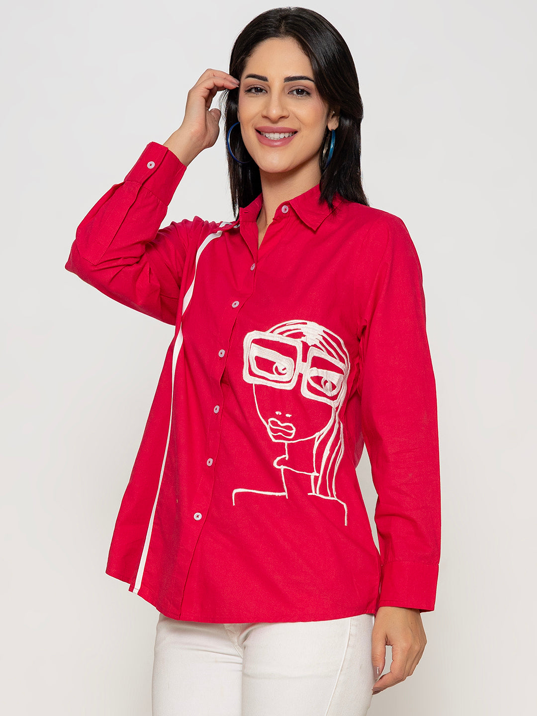 SOLID COLOR EMBROIDERED COTTON SHIRT WITH LACE DETAILING
