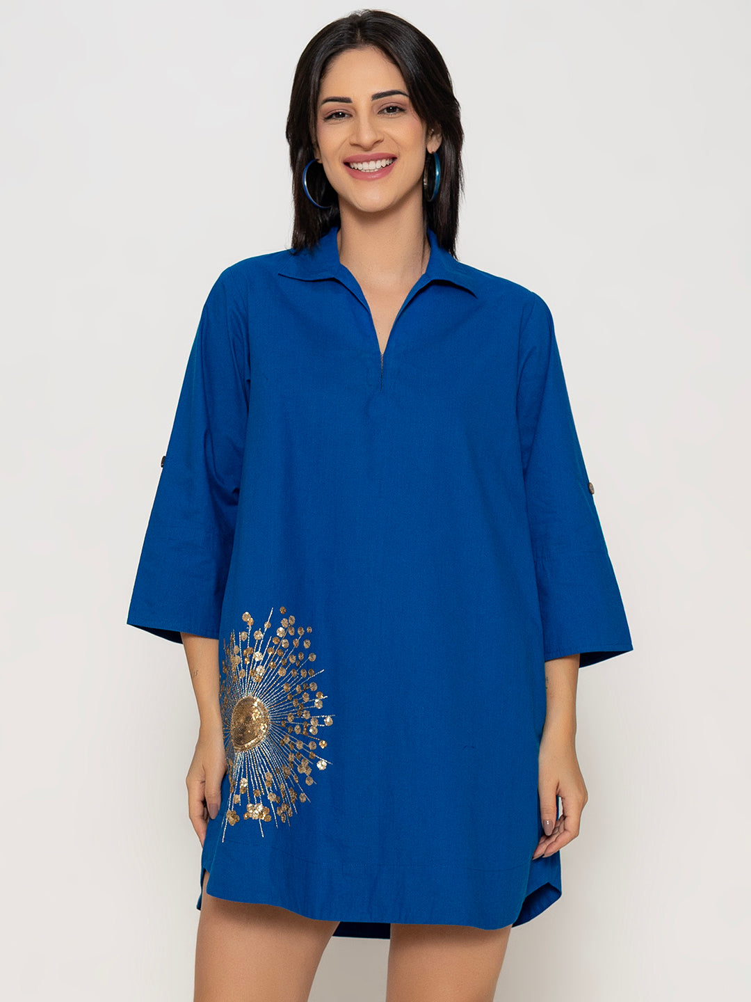 FRONT COPPER GOLD SEQUENCE EMBROIDERED SHIRT DRESS
