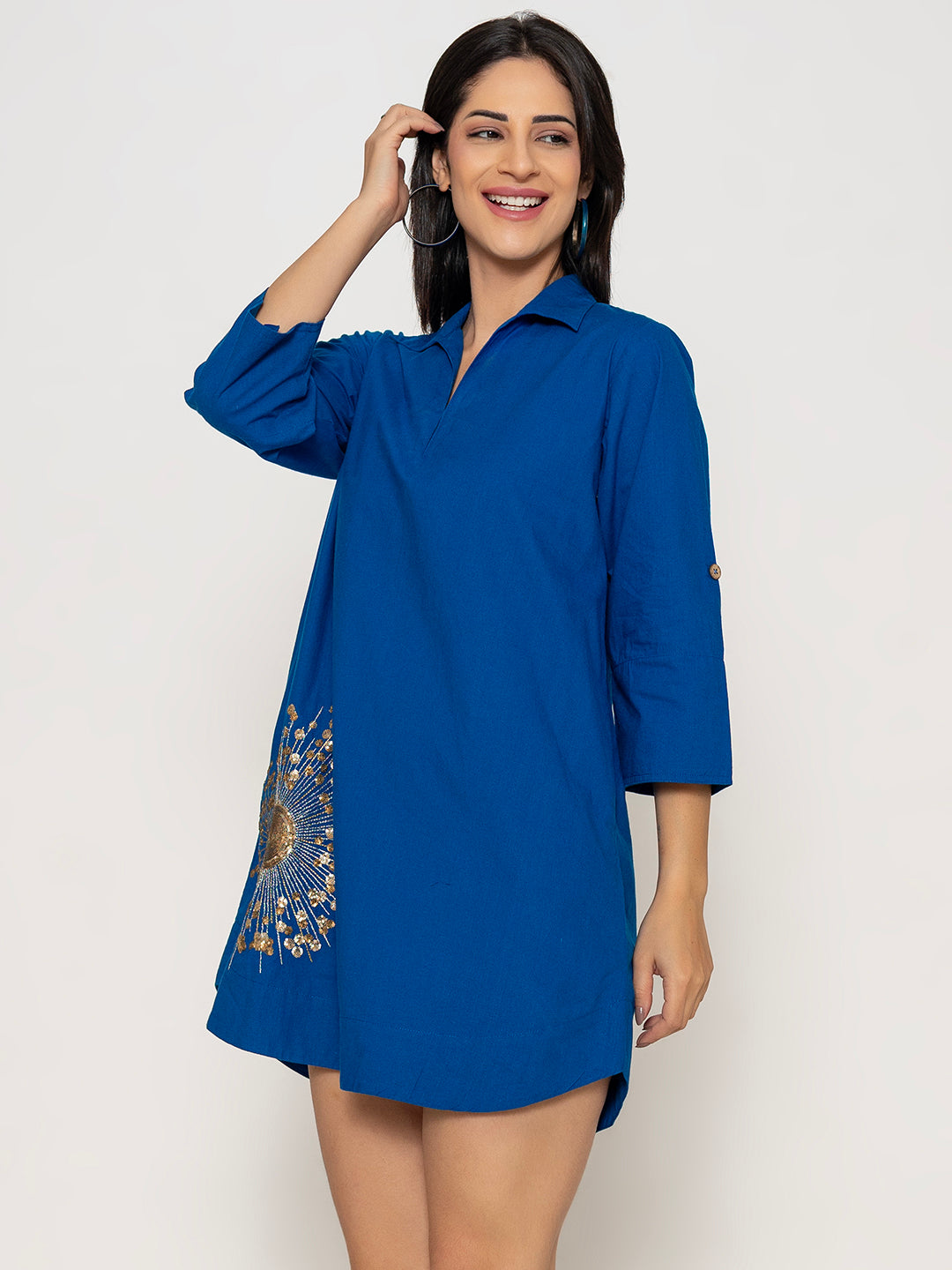 FRONT COPPER GOLD SEQUENCE EMBROIDERED SHIRT DRESS