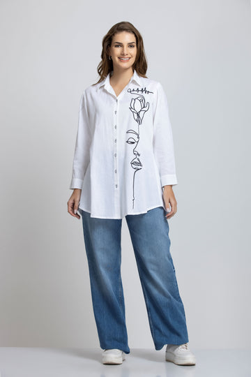 SOLID COLOR FRONT EMBROIDERED BUTTON-UP SHIRT.