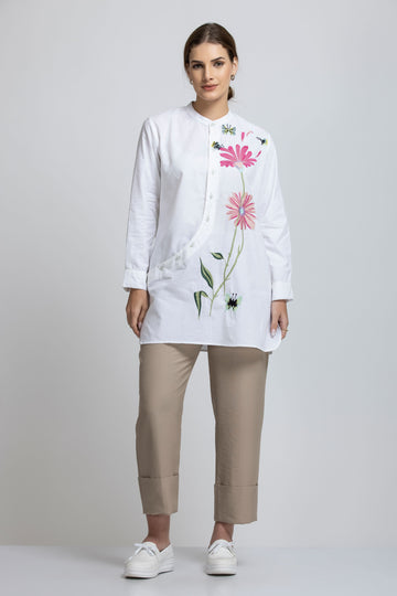SOLID COLOR FRONT EMBROIDERED BUTTON-UP WHITE SHIRT