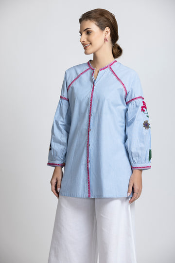 Blue & White Striped Longline Tunic with Pink Embroidered Borders & Floral Sleeves