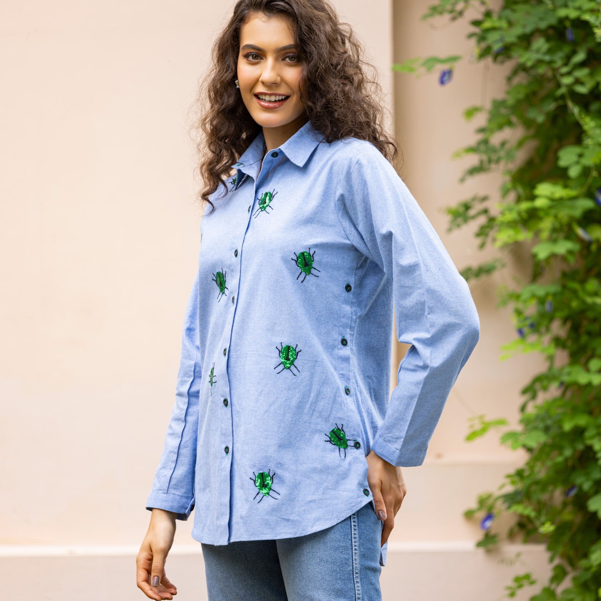 Blue Oxford Beetal Embroidered Shirt With Side Button Detailing