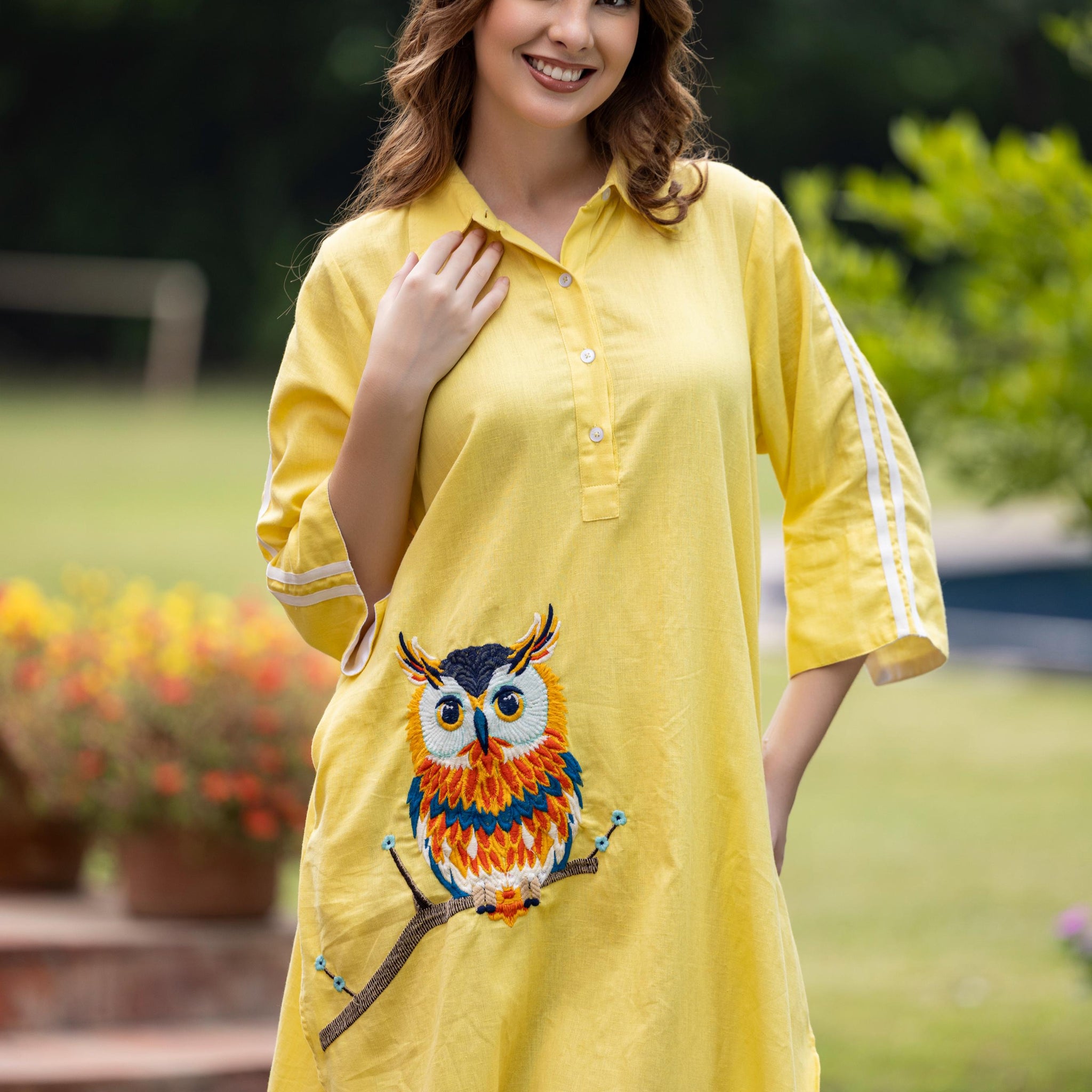 Owl Tales Lemon Yellow Cotton Long Shirt with Lace Detailing