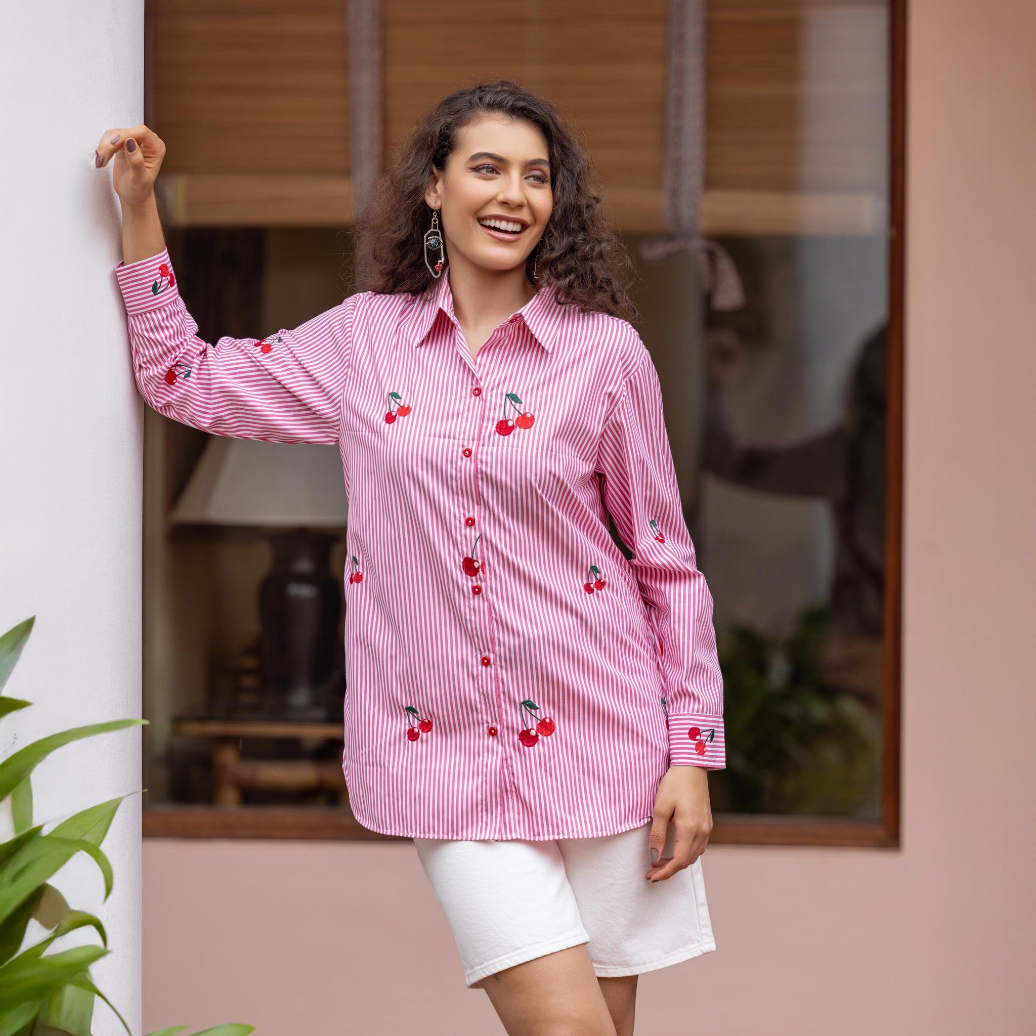 Vertical Pink Striped Cherry Embroidered Cotton Shirt