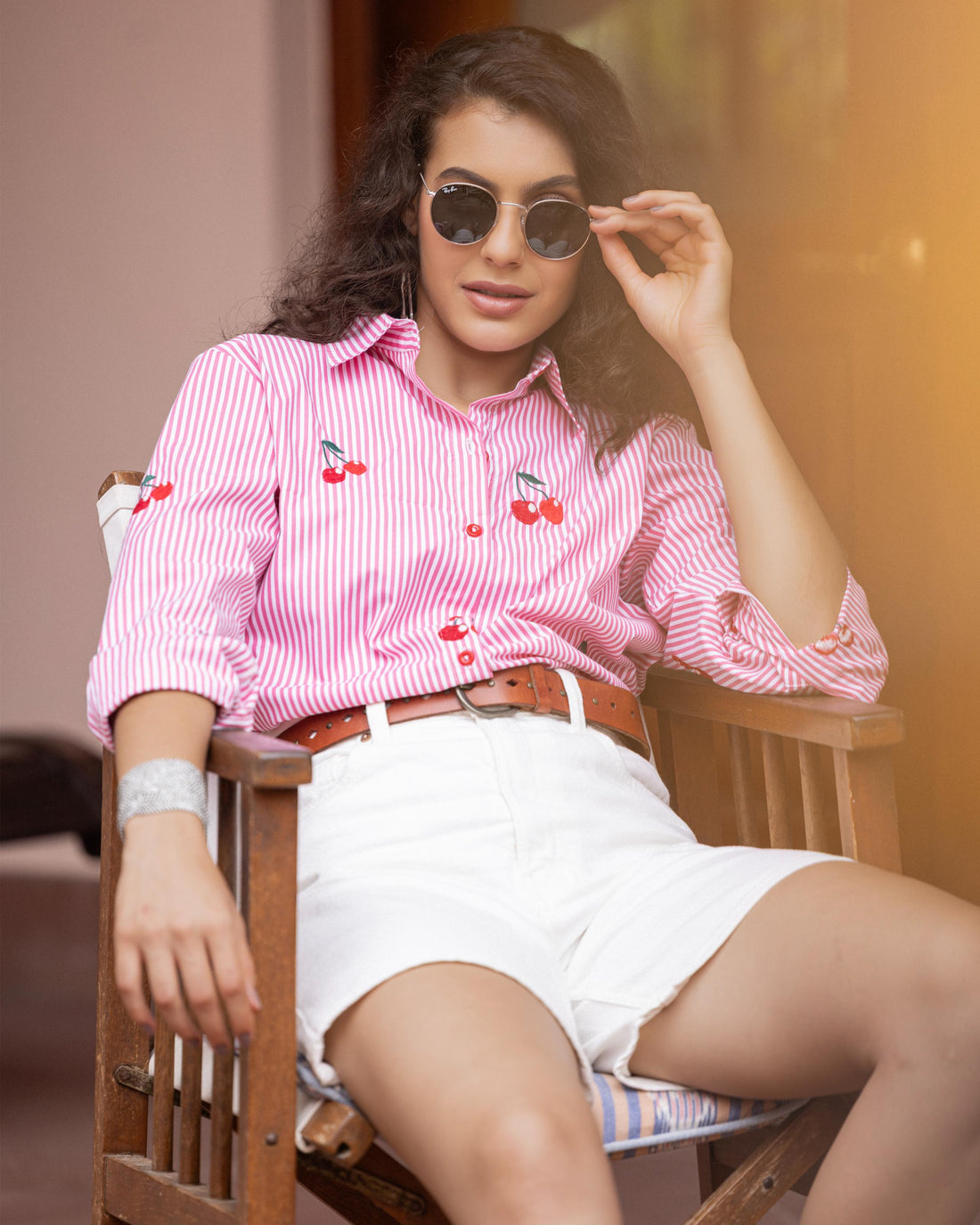 Vertical Pink Striped Cherry Embroidered Cotton Shirt