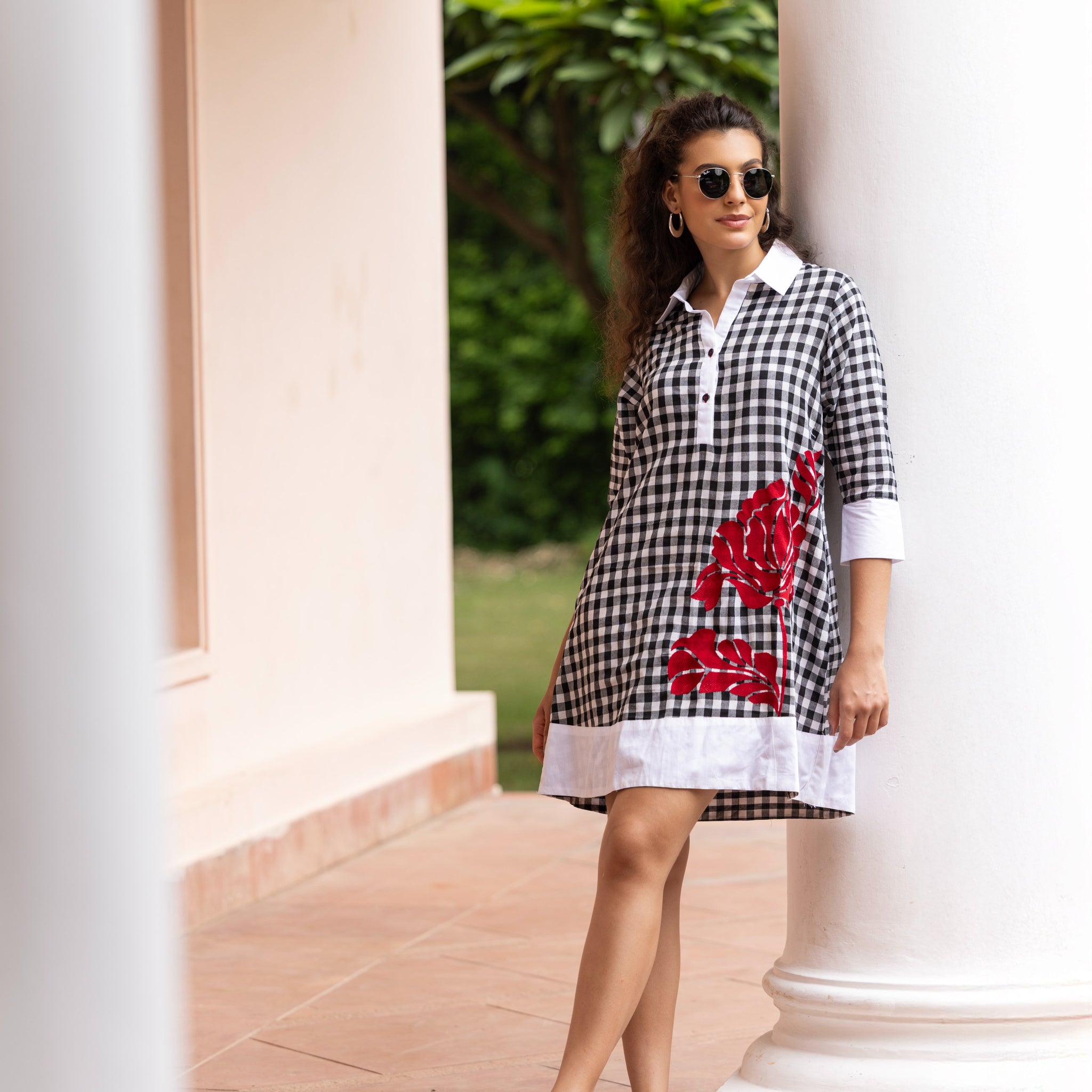 Black & White Checkered  Embroidered Long Shirt with Contrast Finishing
