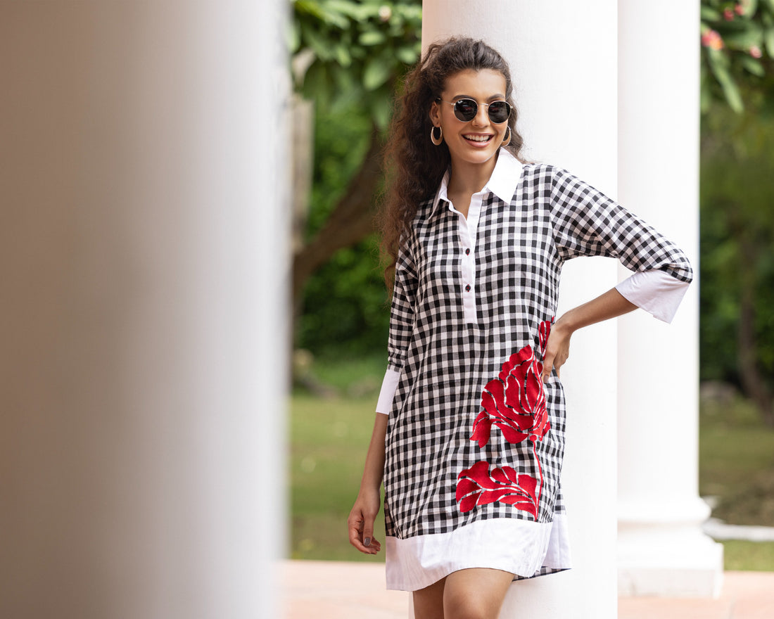 Black & White Checkered  Embroidered Long Shirt with Contrast Finishing
