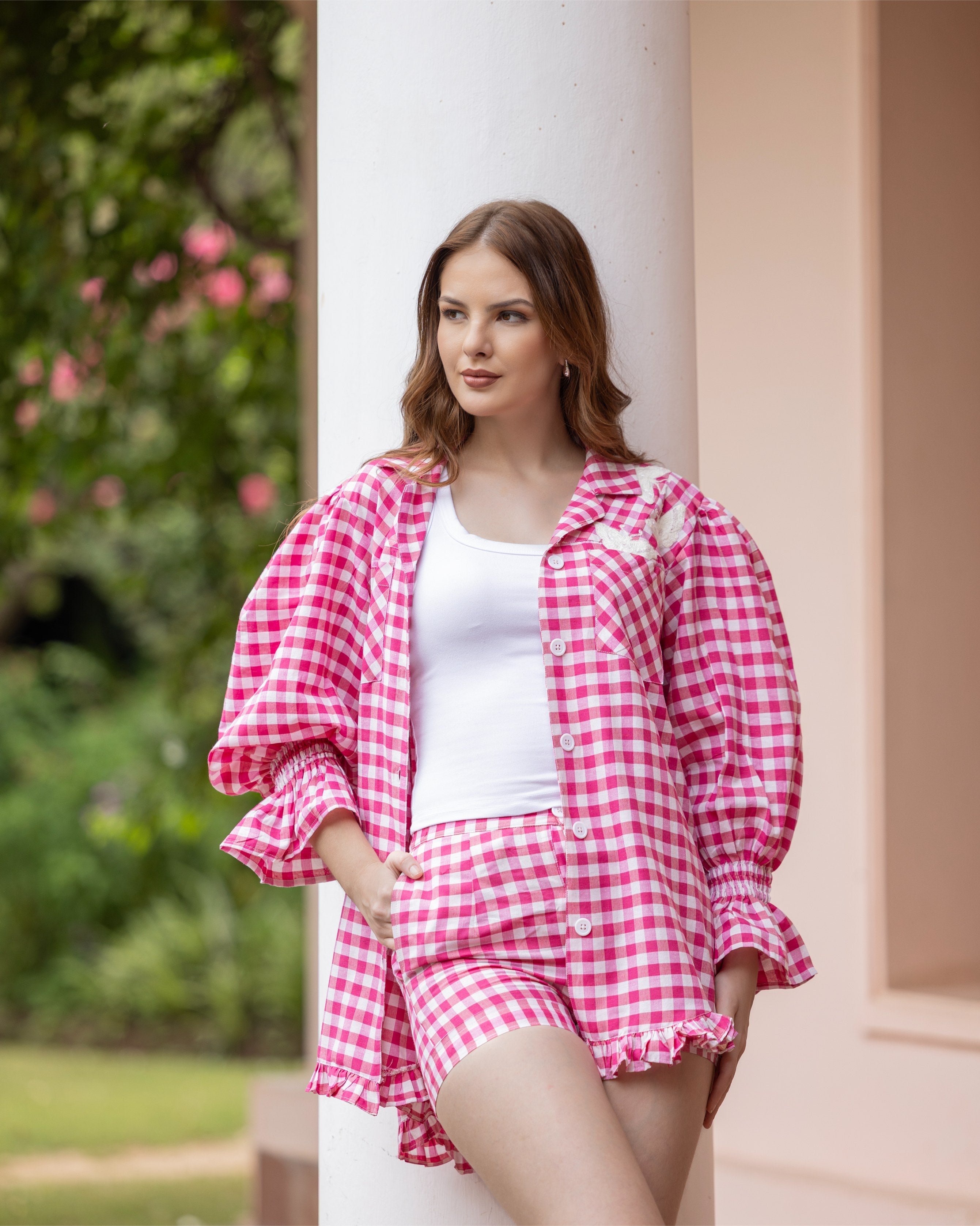 Pink & White Checkered Butterfly Embroidered Cotton Shirt