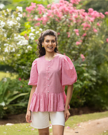 Red & White Gingham Check Back Ribbon Floral Detailing With Puff Sleeves