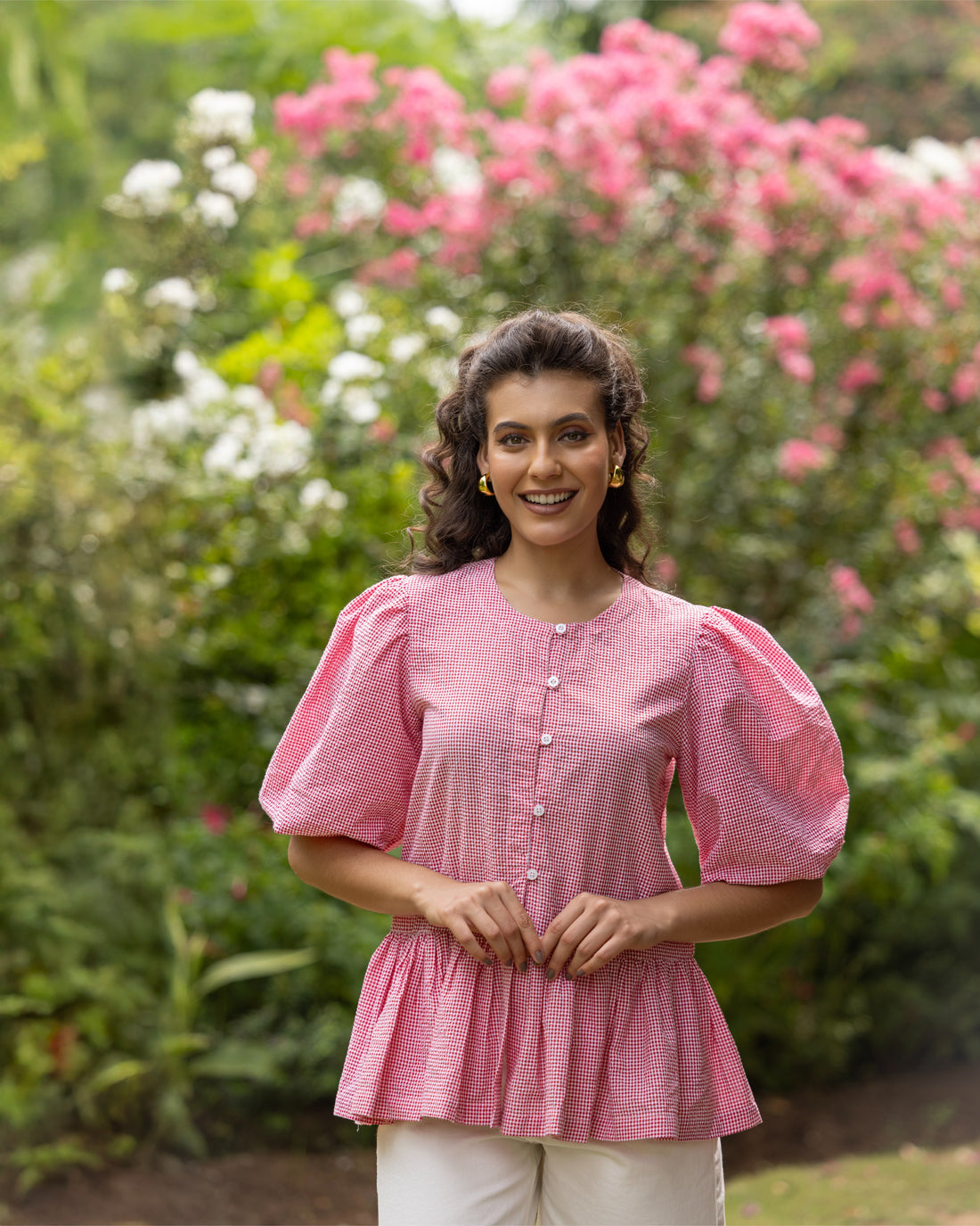 Red & White Gingham Check Back Ribbon Floral Detailing With Puff Sleeves